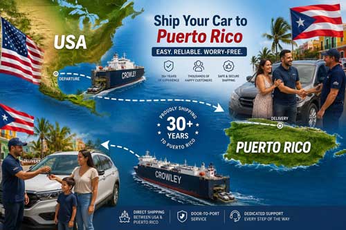 Map graphic of Puerto Rico vehicle shipping route from the USA to Puerto Rico aboard a Crowley cargo ship, showing a family reunited with their vehicle after delivery in Puerto Rico, with over 30 years of shipping experience highlighted.